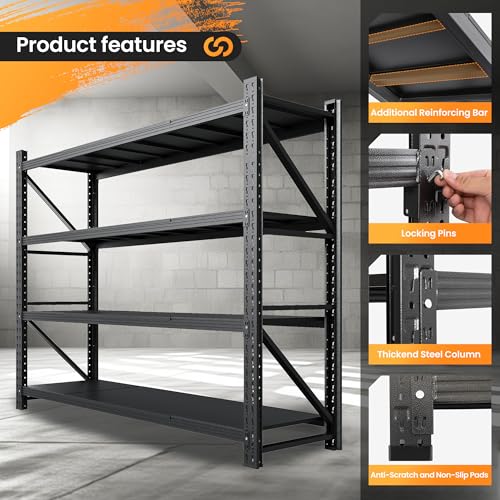 79" W Heavy Duty Metal Storage Shelves, 4 Tier, Black U9007