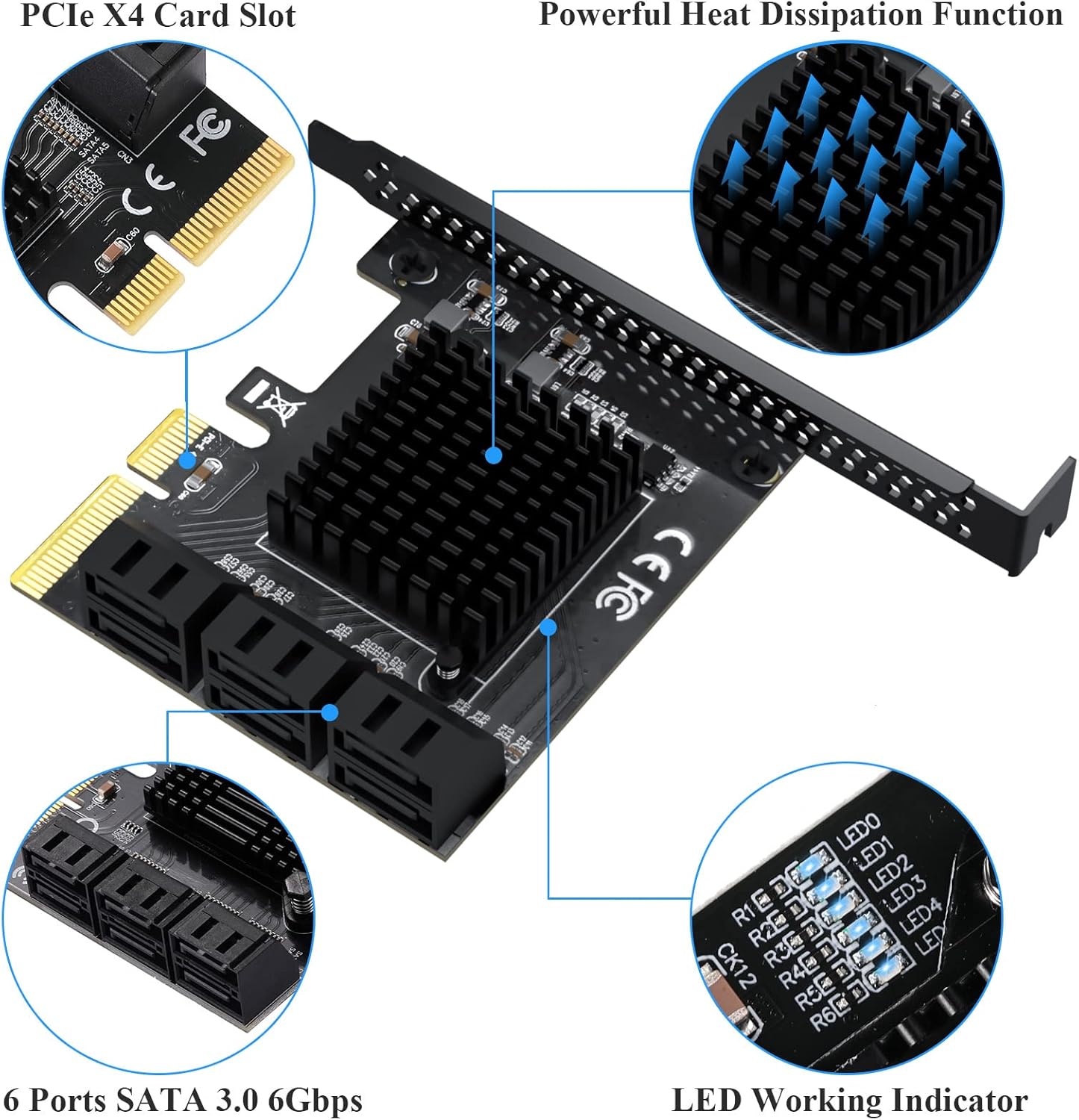 PCIe 4X SATA Card, 6 Ports with 6 SATA Cables, Low Profile Bracket, Non-Raid A957025