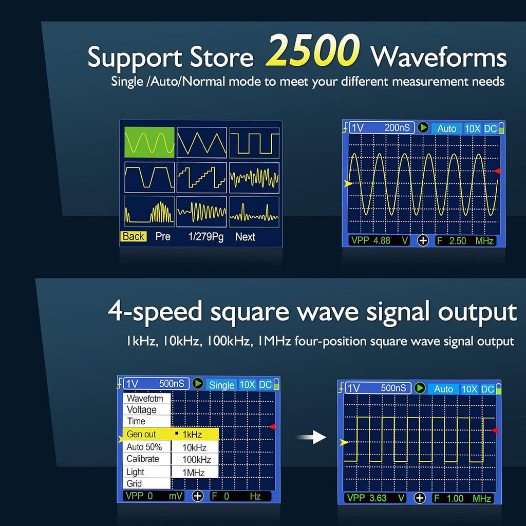 Handheld Digital Oscilloscope, 120MHz Bandwidth 500MSa/S Sampling Rate Portable Storage Oscilloscope, 2.4 Backlight Display, 3 Scan Modes, Storage of 2500 Waveforms X489108