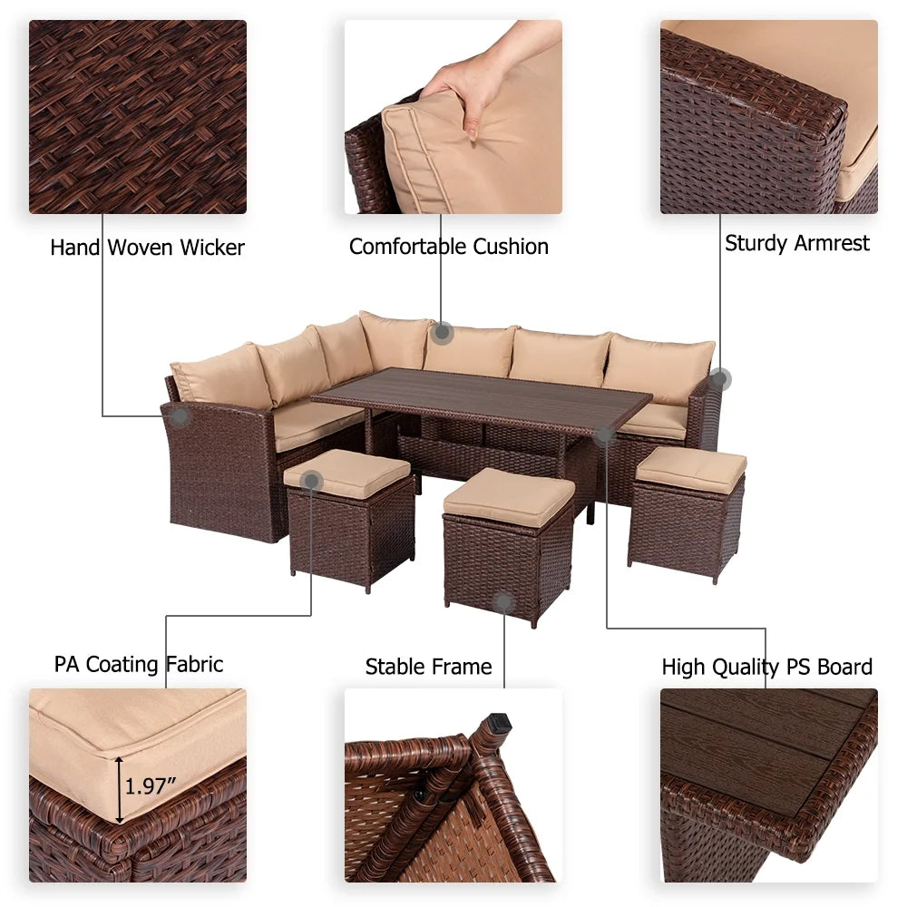 8PCS Wicker Rattan Conversation Set Brown D67105