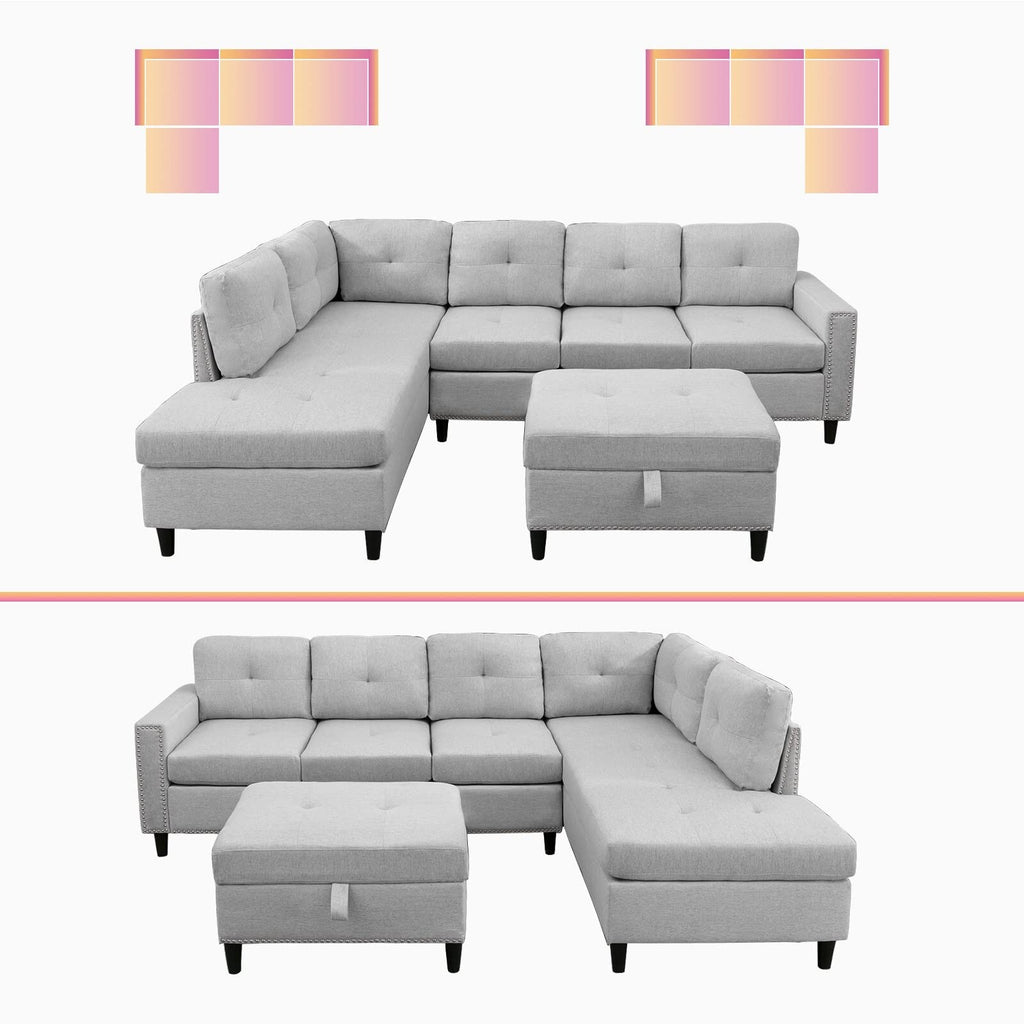 L-Shaped Sectional Sofa with 2 Cup Holders, Storage Ottoman Light Grey R664