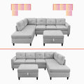 L-Shaped Sectional Sofa with 2 Cup Holders, Storage Ottoman Light Grey R664
