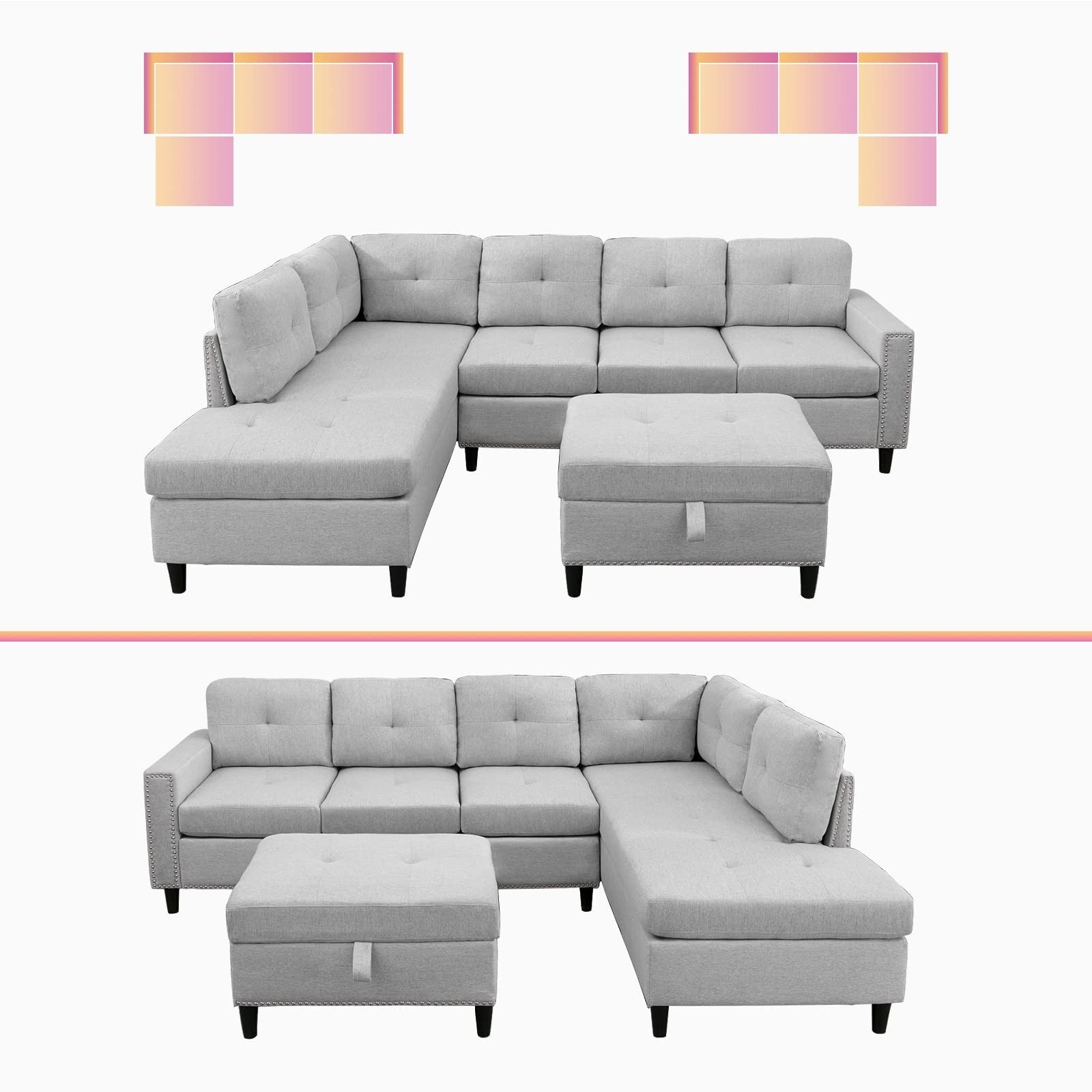 L-Shaped Sectional Sofa with 2 Cup Holders, Storage Ottoman Light Grey R664