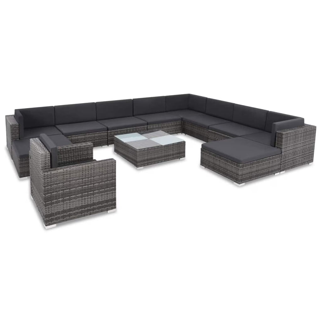 12 Piece Gray Poly Rattan Patio Sofa Conversation Set with Coffee Table and Ottoman B19438