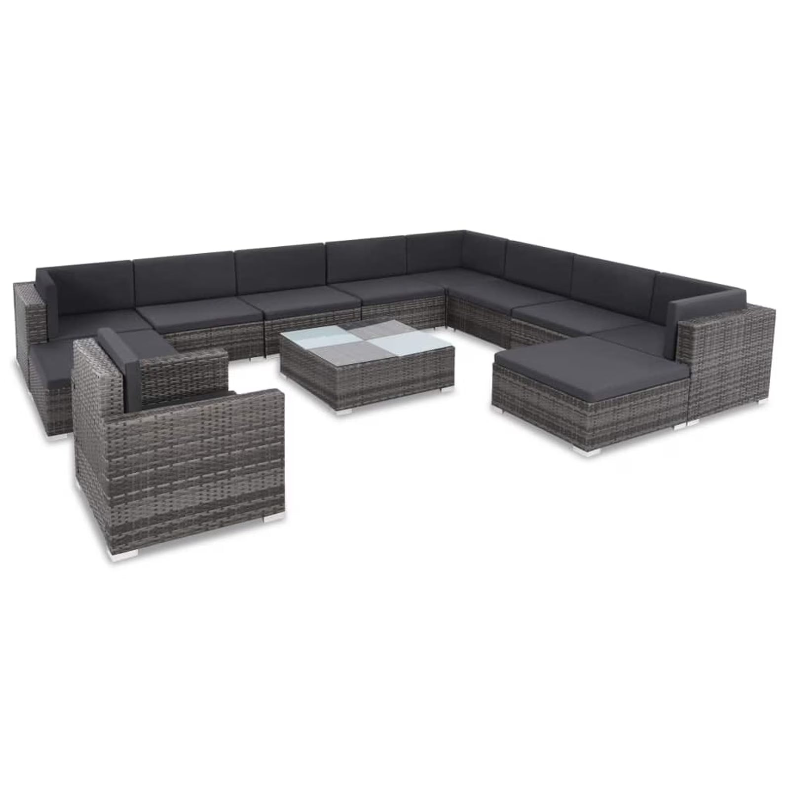 12 Piece Gray Poly Rattan Patio Sofa Conversation Set with Coffee Table and Ottoman B19438