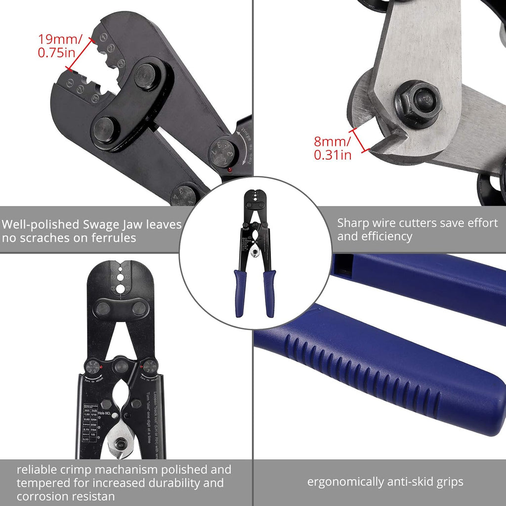 Wire Rope Crimper Crimping Tool with Aluminum Crimping Loop Sleeve and Cable Thimble F9995