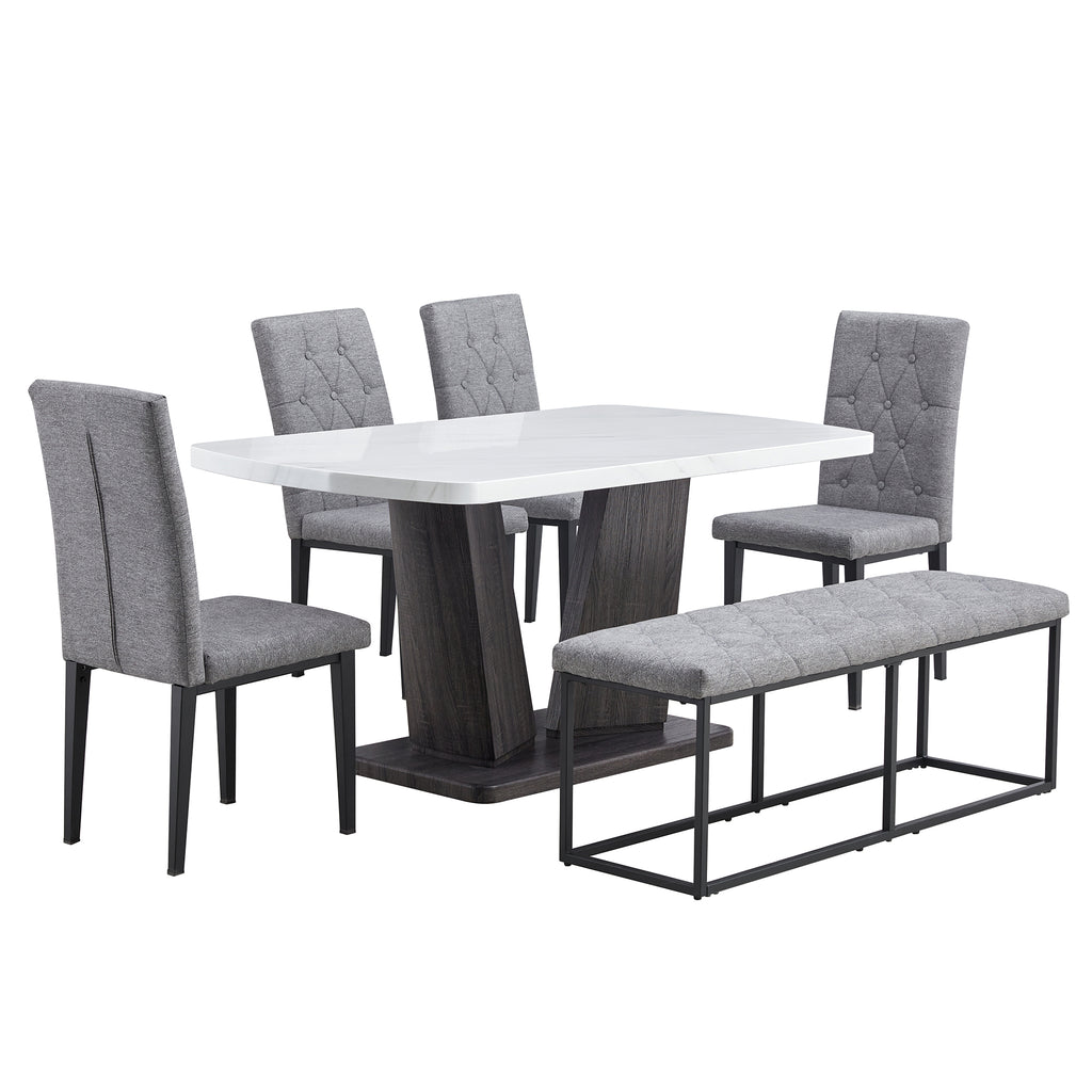6PCS Faux Marble Dining Table Set with 4 Fabric Chairs and 1 Fabric Bench B5005