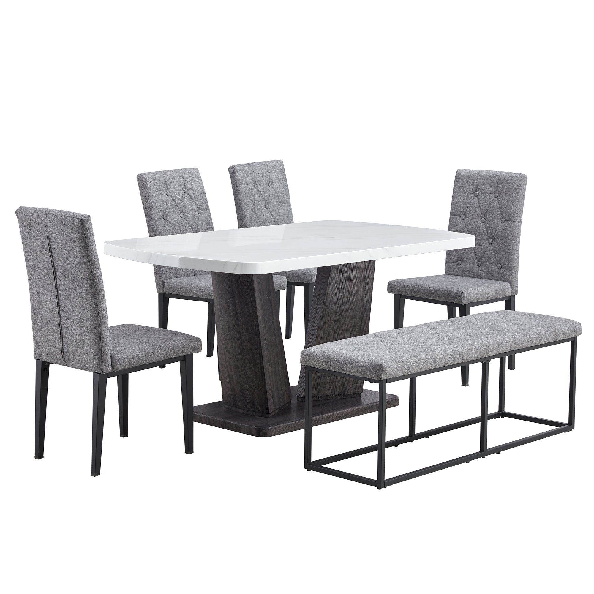 6PCS Faux Marble Dining Table Set with 4 Fabric Chairs and 1 Fabric Bench B5005