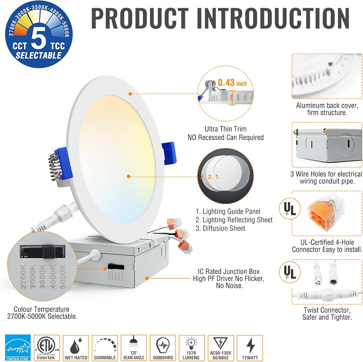 12 Pack 6Inch 5CCT Dimmable LED Recessed Light with Junction Box B2638