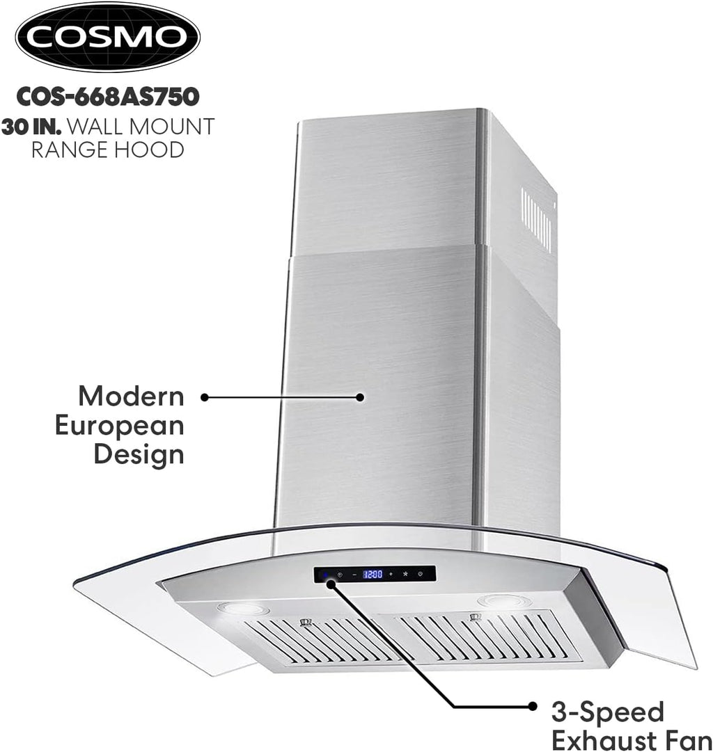 30 in. Wall Mount Range Hood with 380 CFM, Curved Glass, Stainless Steel Z3668