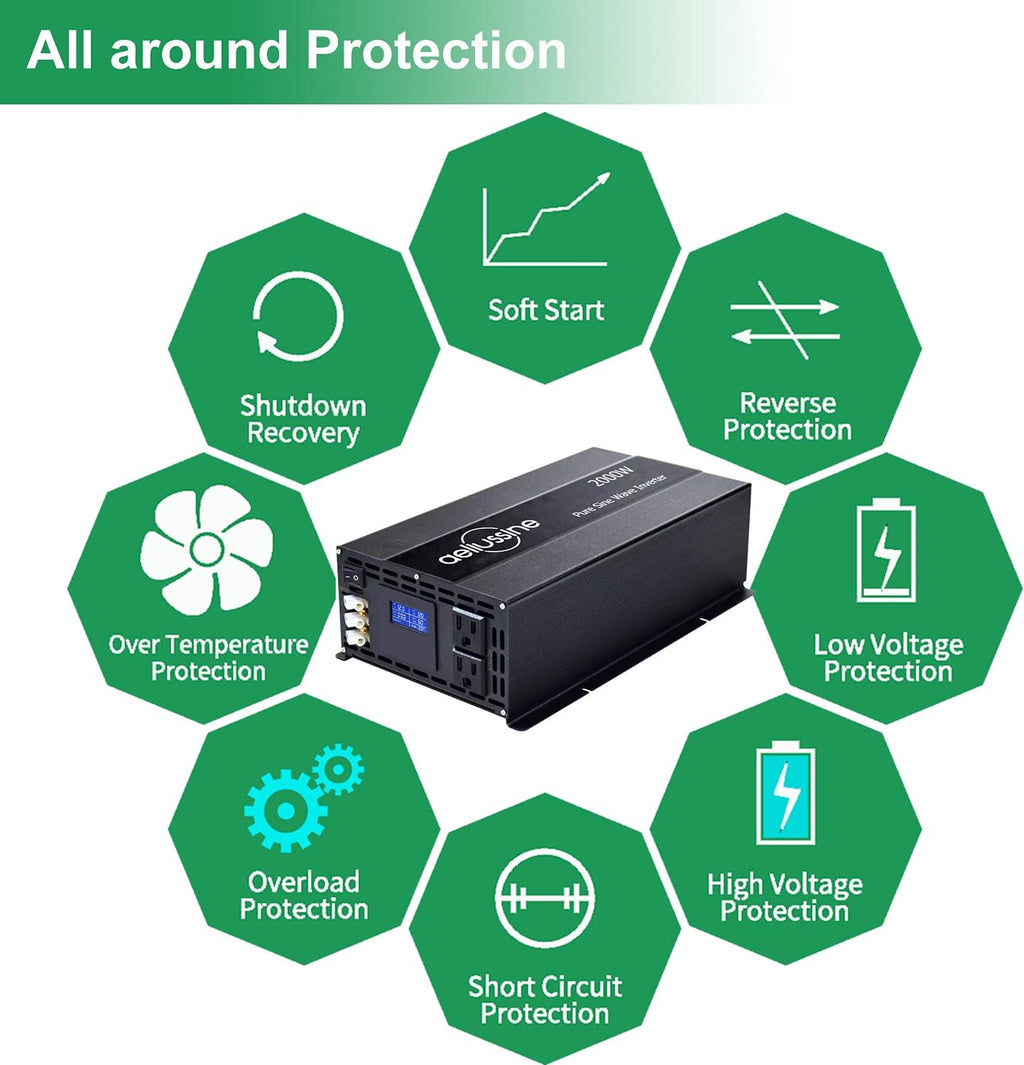 2000 Watt Pure Sine Wave Power Inverter 12V to 110V 120V DC to AC 4000W Surge Hardwire Terminal 2 US Outlet P632