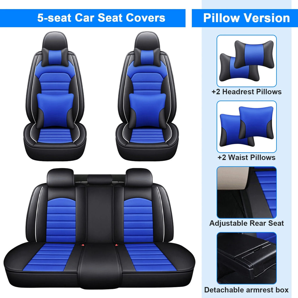 Waterproof PU Leather Full Set Car Seat Covers Black+Blue D742