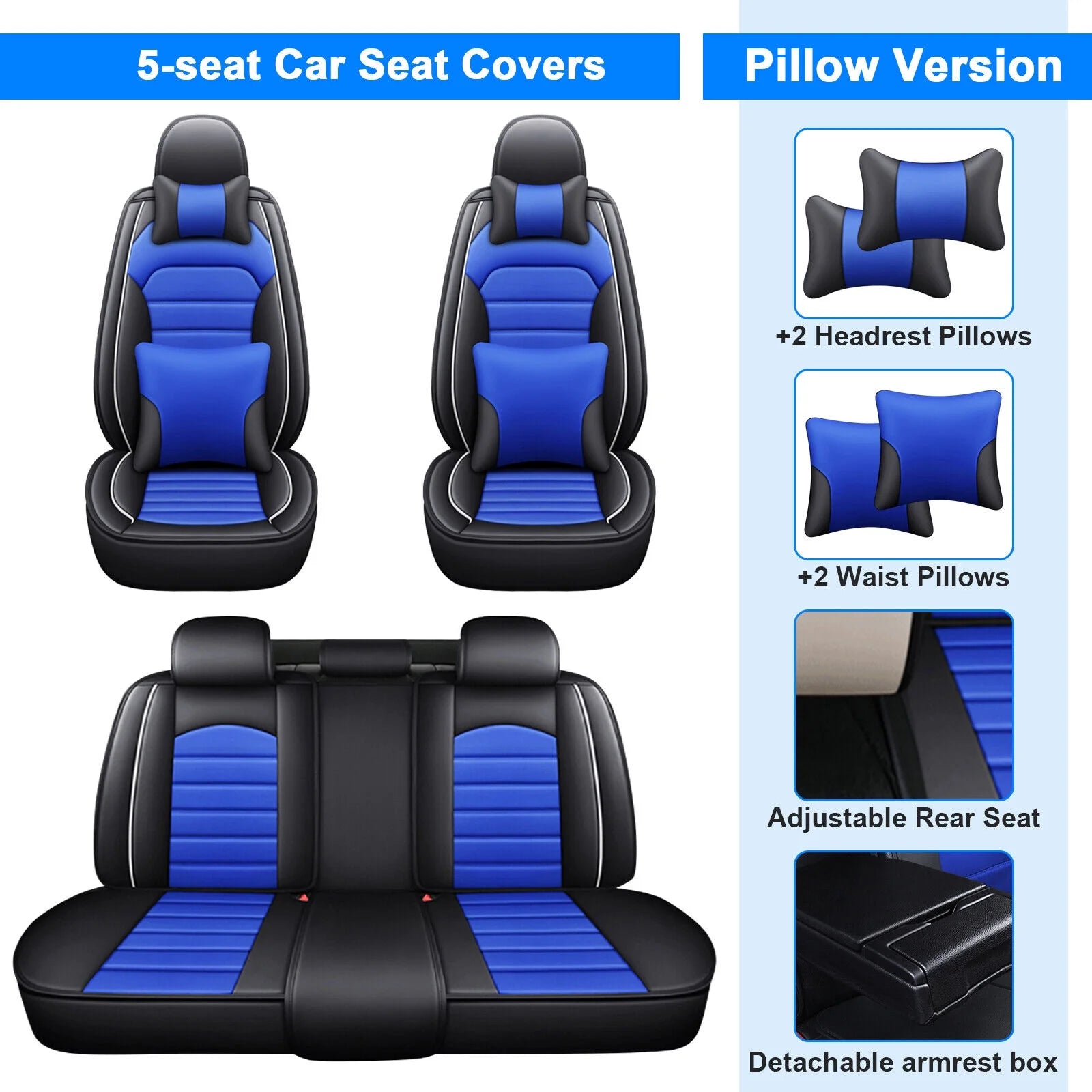 Waterproof PU Leather Full Set Car Seat Covers Black+Blue D742
