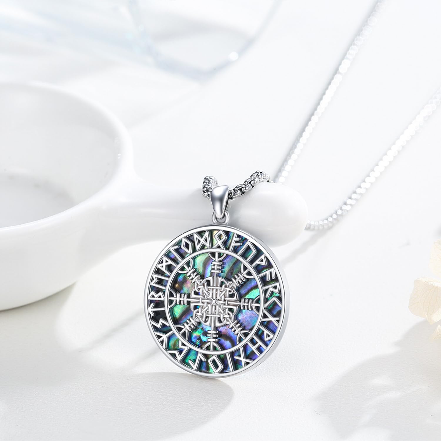 Viking Compass Necklace 925 Sterling Silver Vegvisir Pendant Amulet Q53725