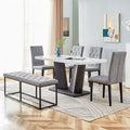 6PCS Faux Marble Dining Table Set with 4 Fabric Chairs and 1 Fabric Bench B5005