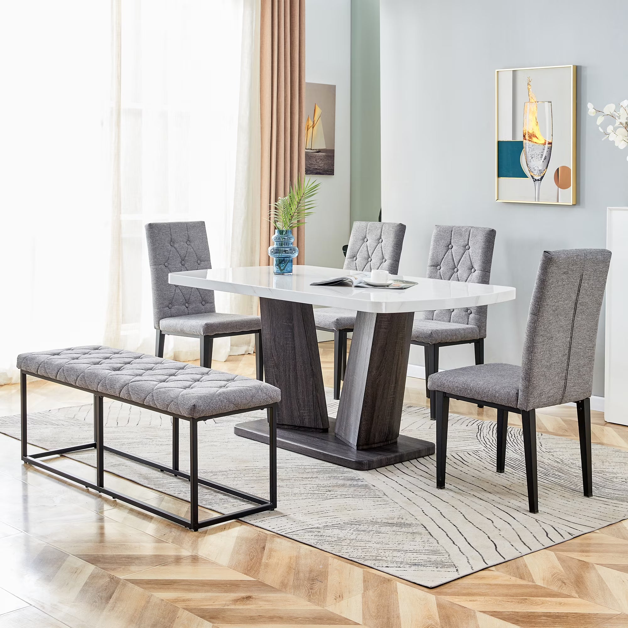 6PCS Faux Marble Dining Table Set with 4 Fabric Chairs and 1 Fabric Bench B5005
