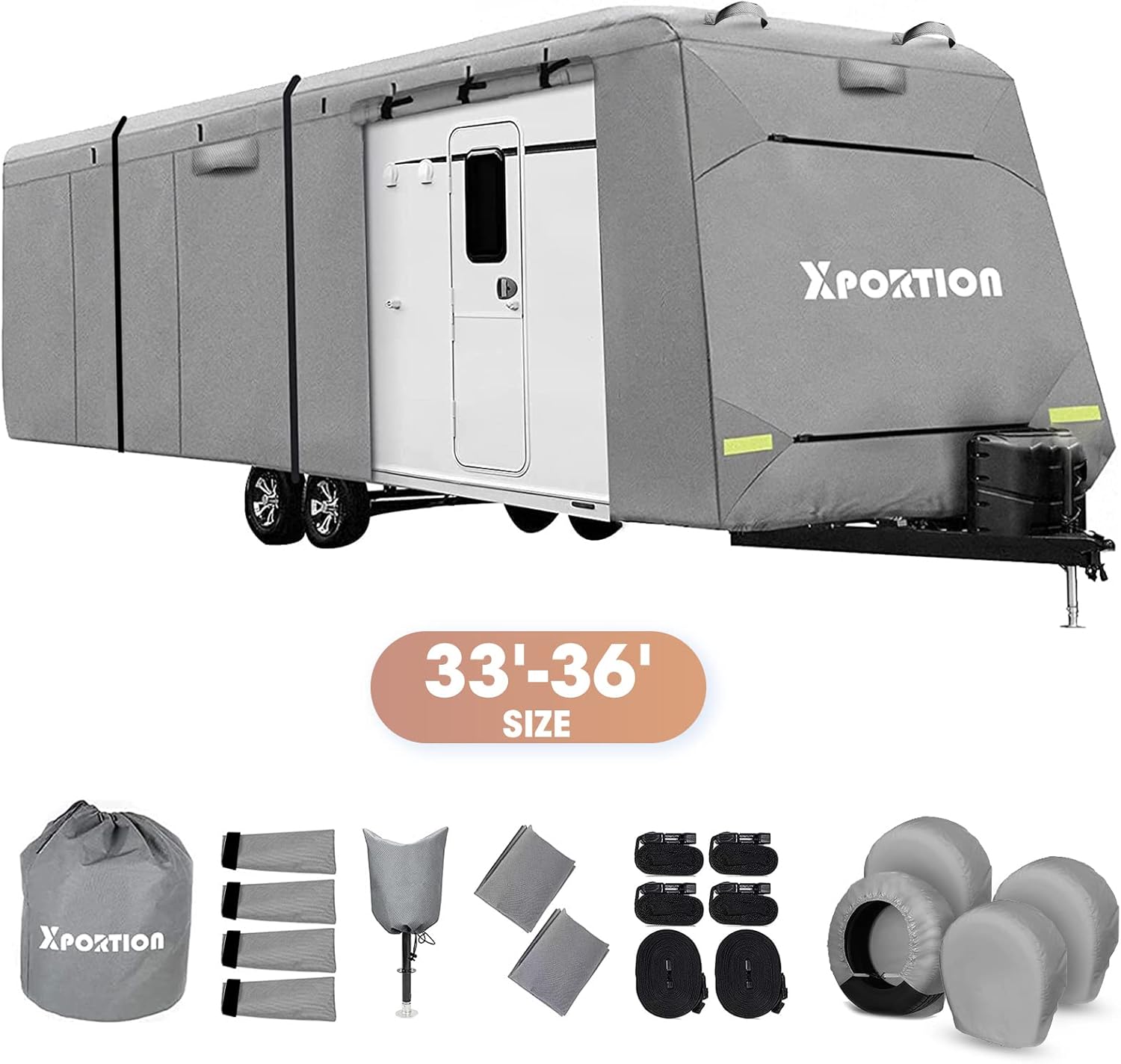 4-Layer Windproof Camper Trailer Cover with Tongue Jack Cover, Tire Covers, Gutter Covers E622588
