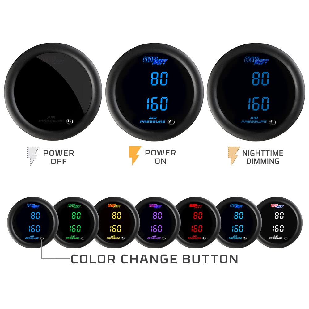 Tinted 7 Color Dual Digital 220 PSI Air Pressure Gauge Kit with 2 Electronic Sensors J576