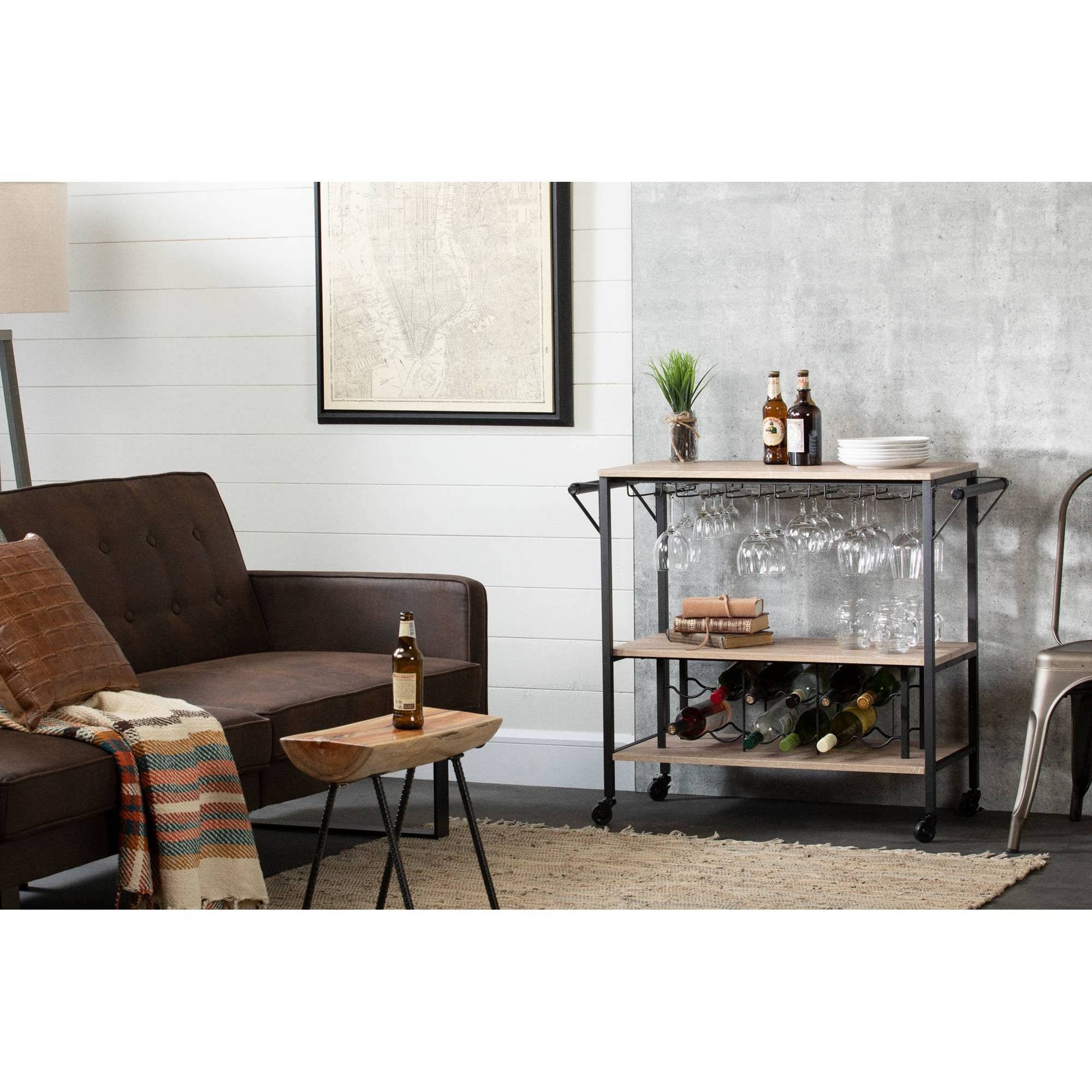 White Oak Bar Cart with Wine Rack S96684