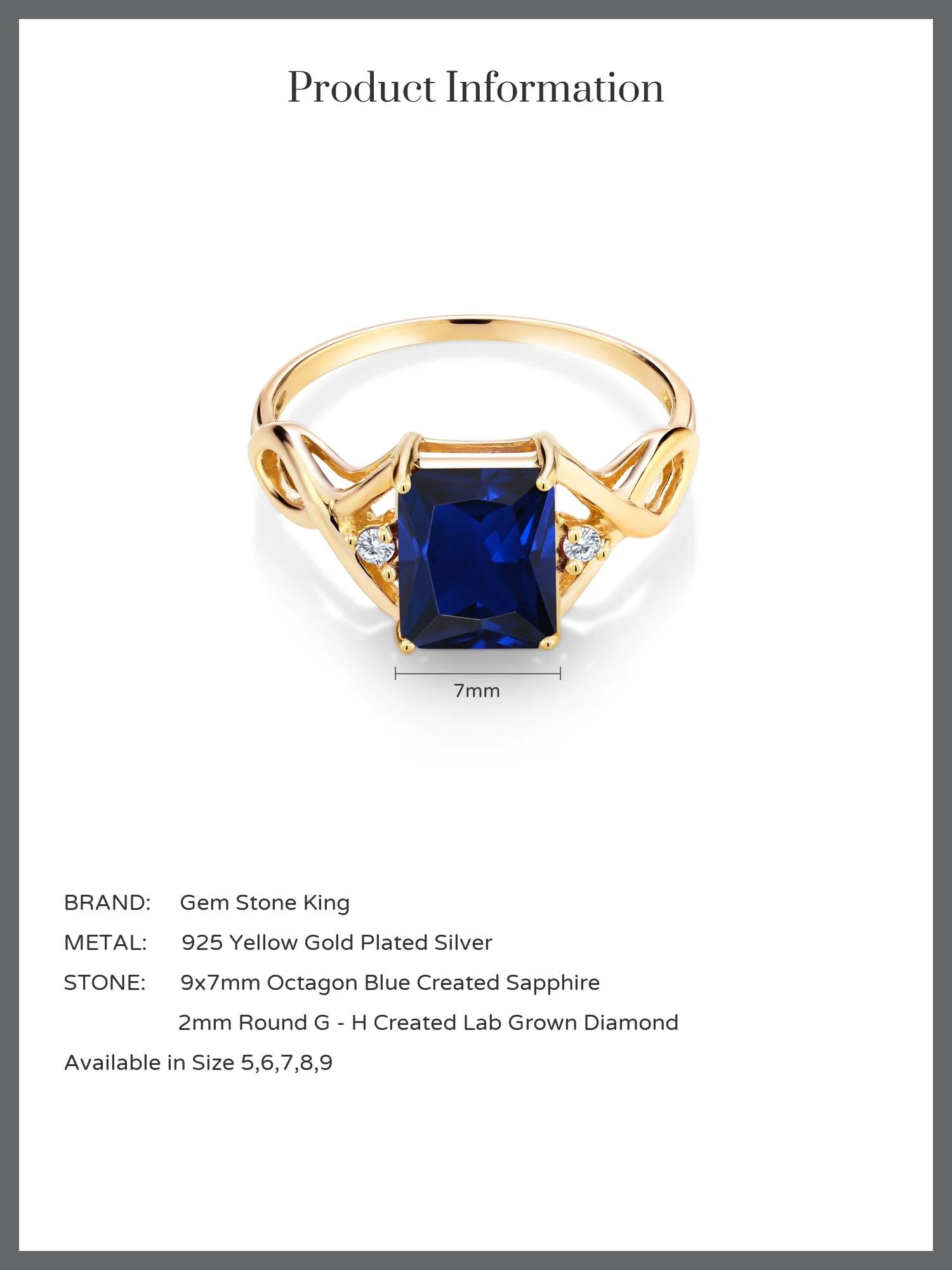 18K Yellow Gold Plated Silver Ring with Blue Created Sapphire and Lab Grown Diamond M500