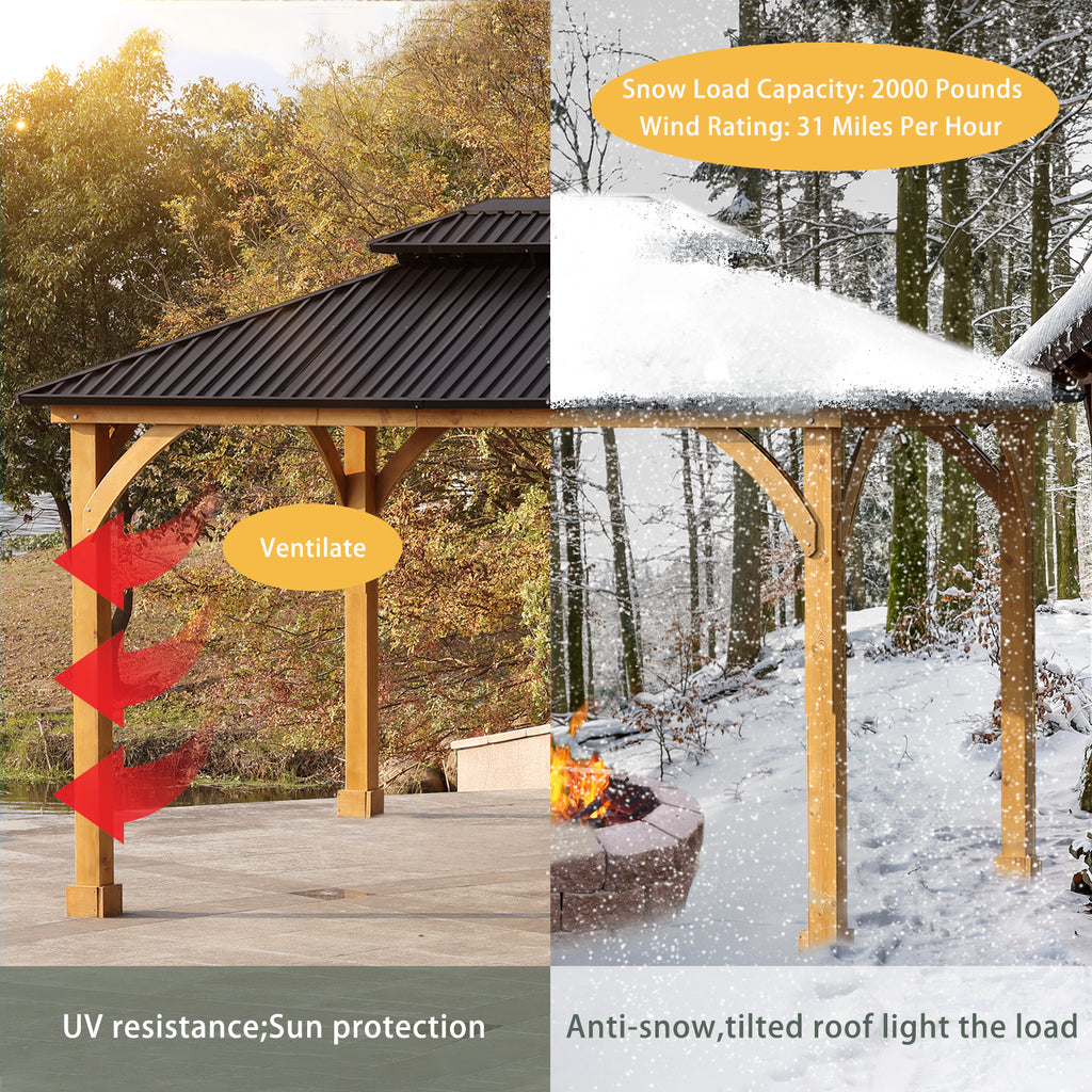 12 x 10 ft. Outdoor Solid Wooden Frame Gazebo with 2-Tier Hardtop Roof T30628