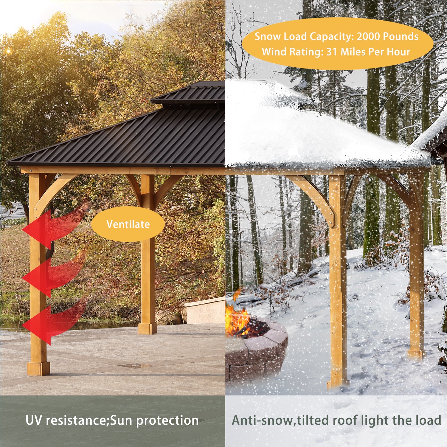 12 x 10 ft. Outdoor Solid Wooden Frame Gazebo with 2-Tier Hardtop Roof T30628
