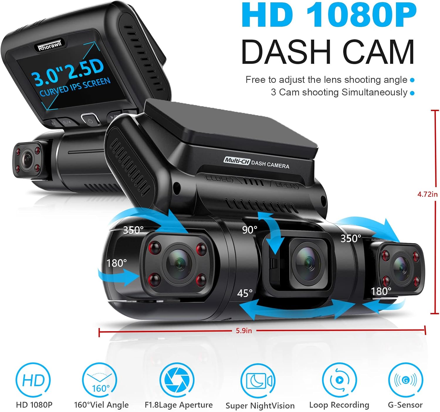 3 Channel Front Inside Rear Dash Cam with WiFi D324640