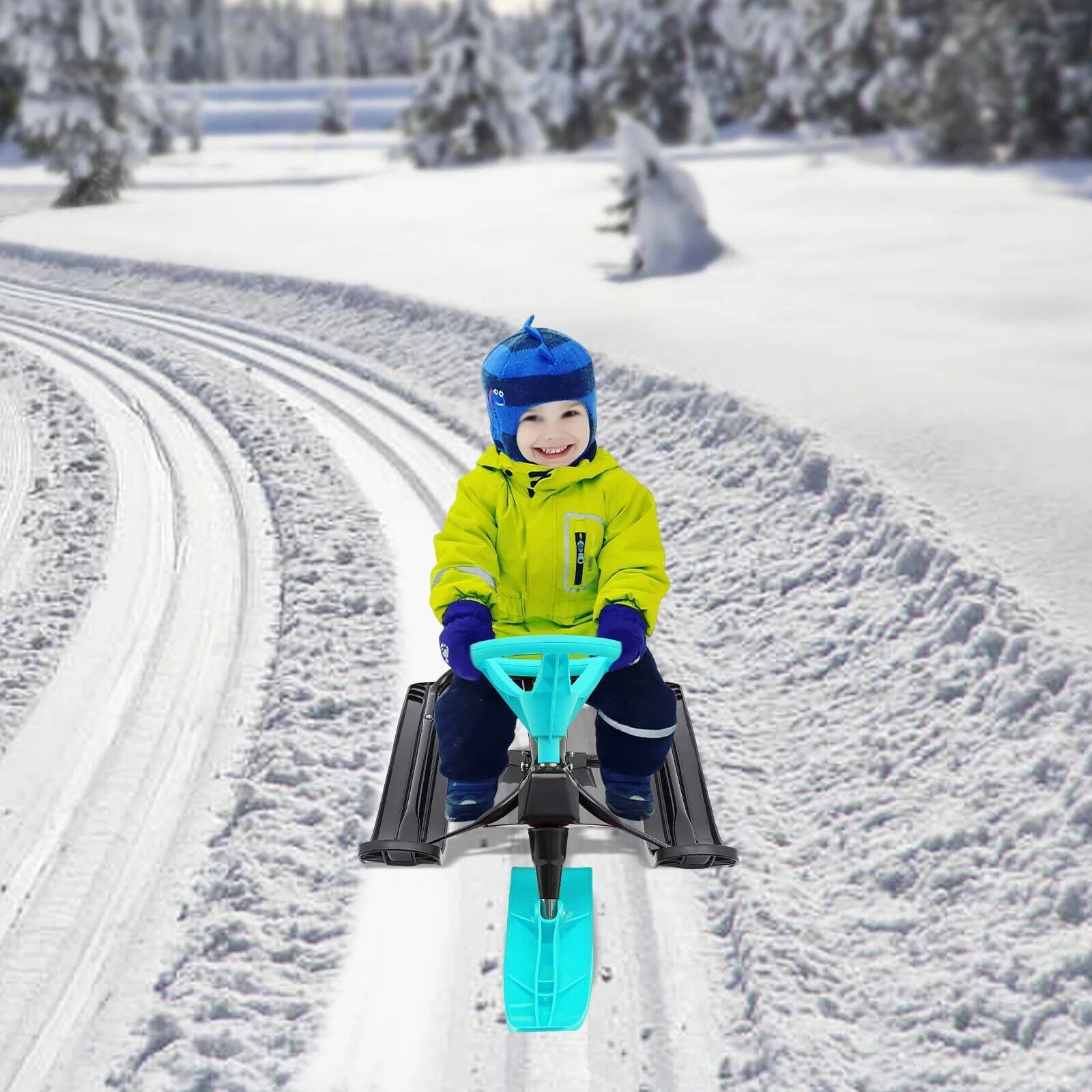 Green Snow Racer Sled Twin Brakes Winter Sports 44.88*19.69*15in A69976