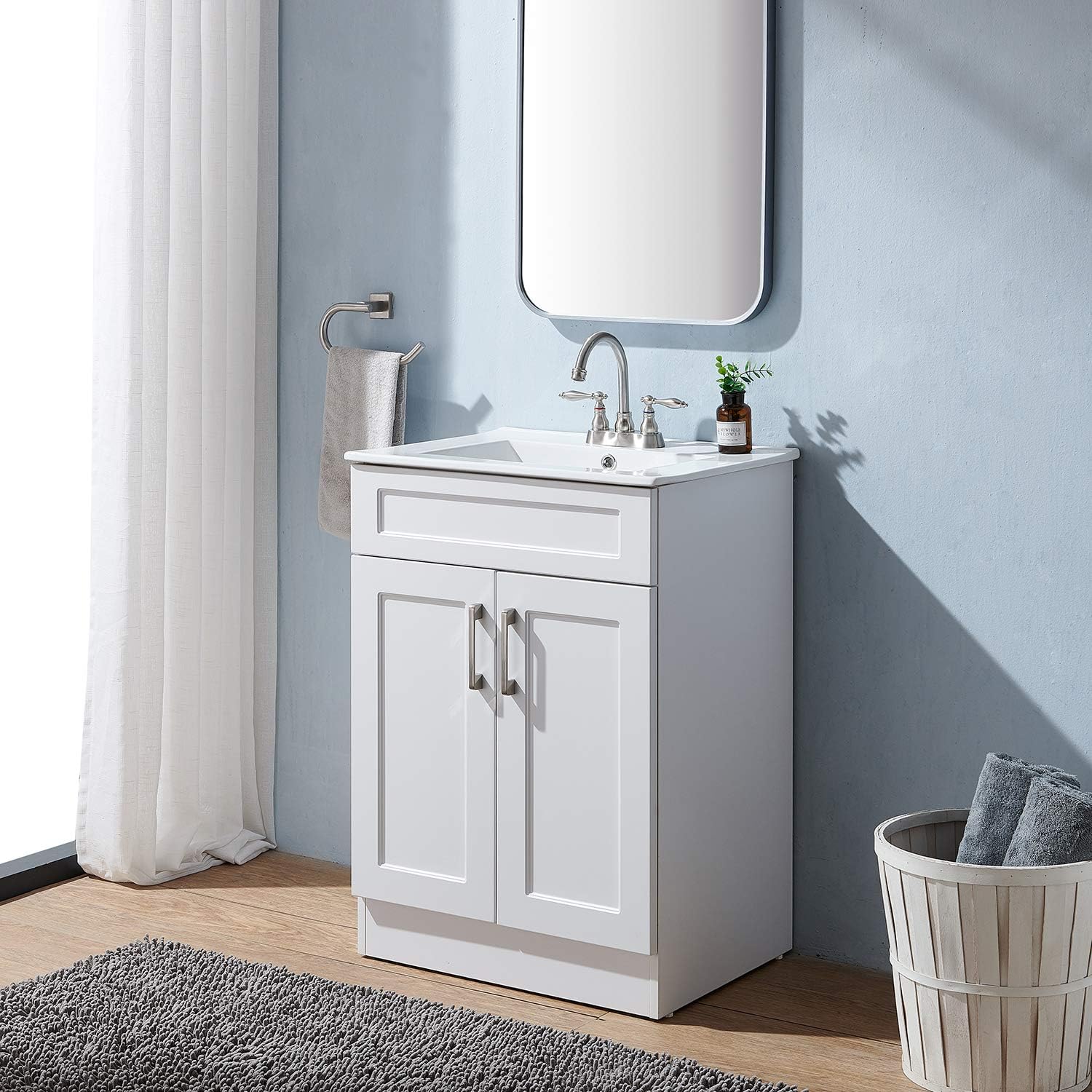 Matte White Bathroom Vanity Cabinet with White Ceramic Vessel Sink and Two Doors H59847