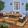 6 Piece Acacia Wood Dining Set with Bench and Wicker Chairs X2205