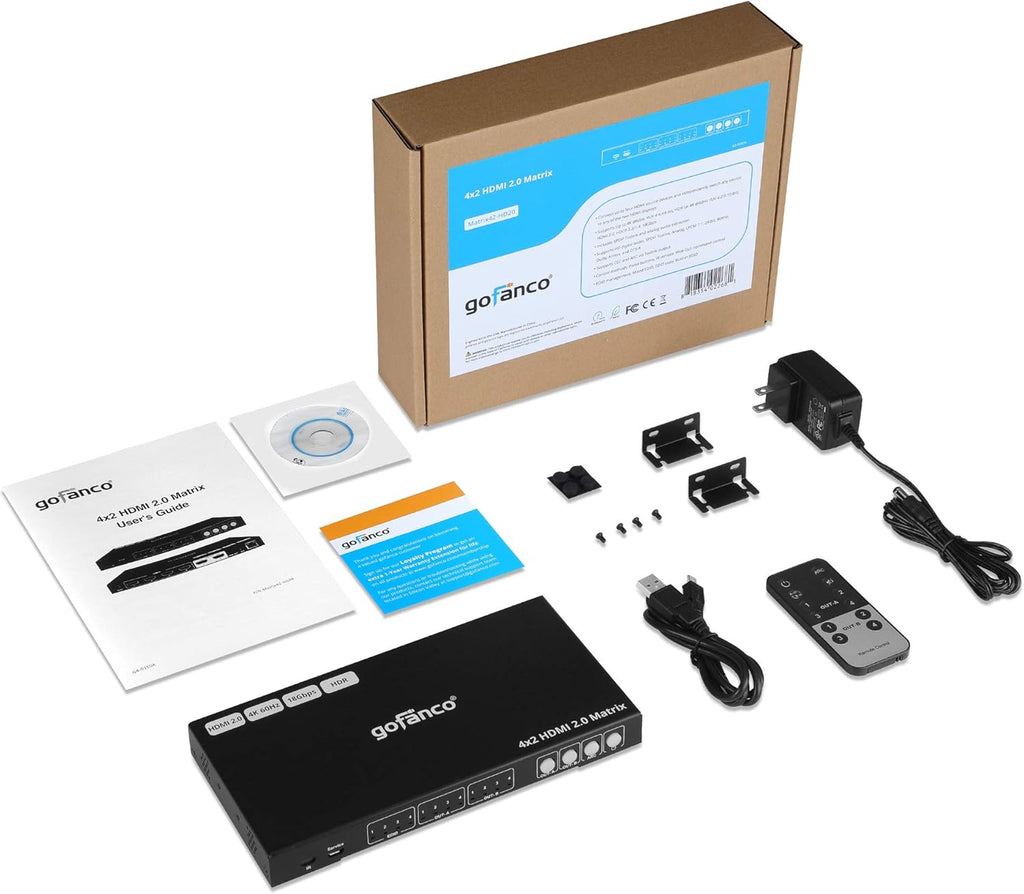 4x2 HDMI Matrix Switch 4K 60Hz HDR HDMI 2.0 HDCP 2.2 EDID RS232 Web GUI IR ARC Toslink 4 in 2 Out Video Switcher Splitter U870115