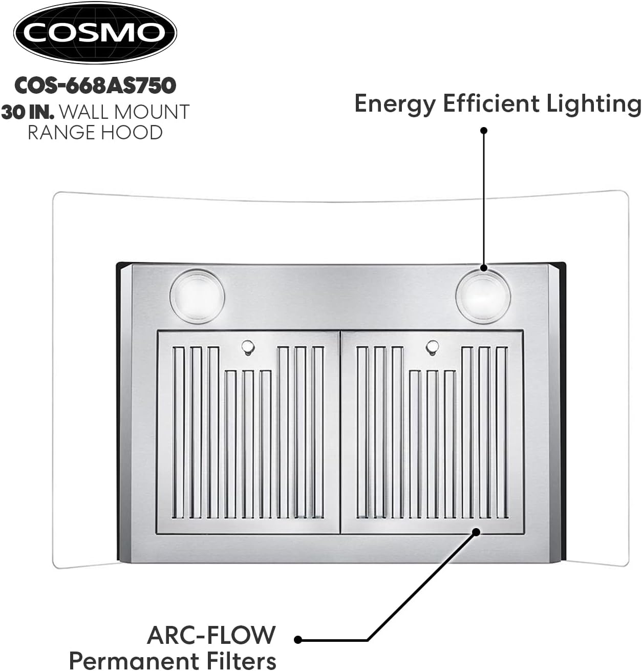 30 in. Wall Mount Range Hood with 380 CFM, Curved Glass, Stainless Steel Z3668