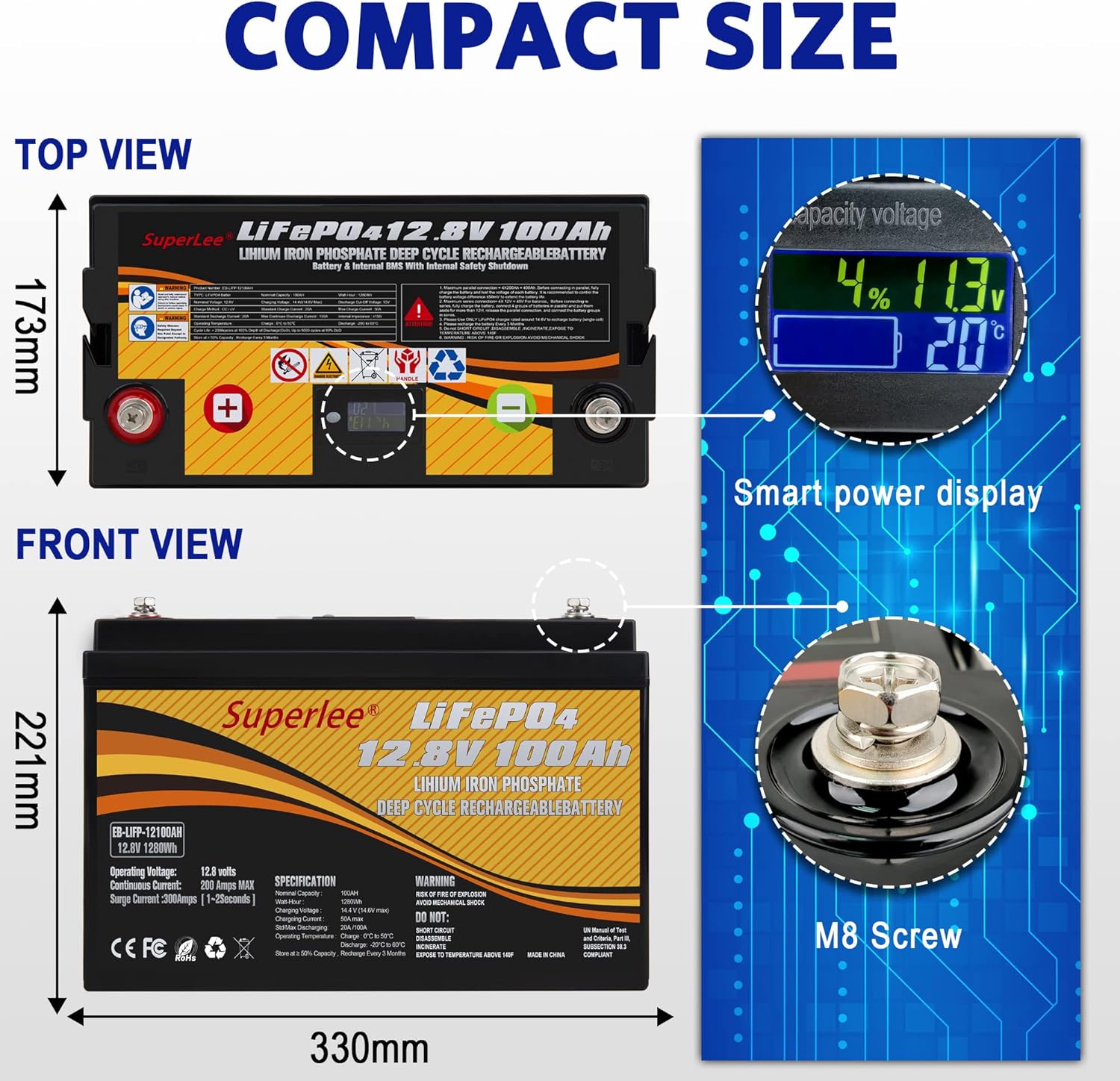 12.8V 100AH LiFePO4 Battery with LCD Display, 5000+ Cycle Lithium Iron Phosphate Battery with BMS P571500