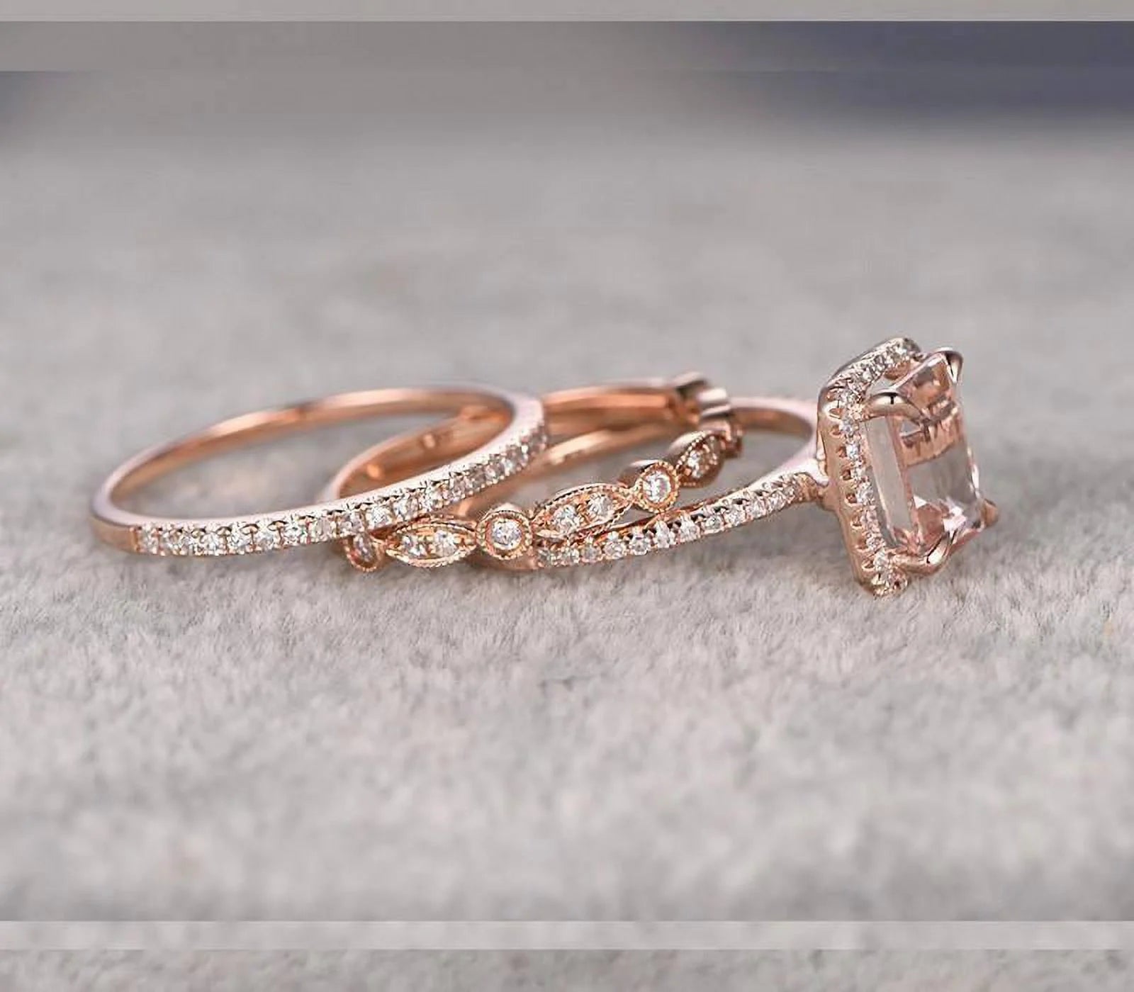 Emerald Cut Morganite Ring With Diamond Moissanites In 10K Rose Gold With Engagement Ring And 2 Wedding Bands Q7684
