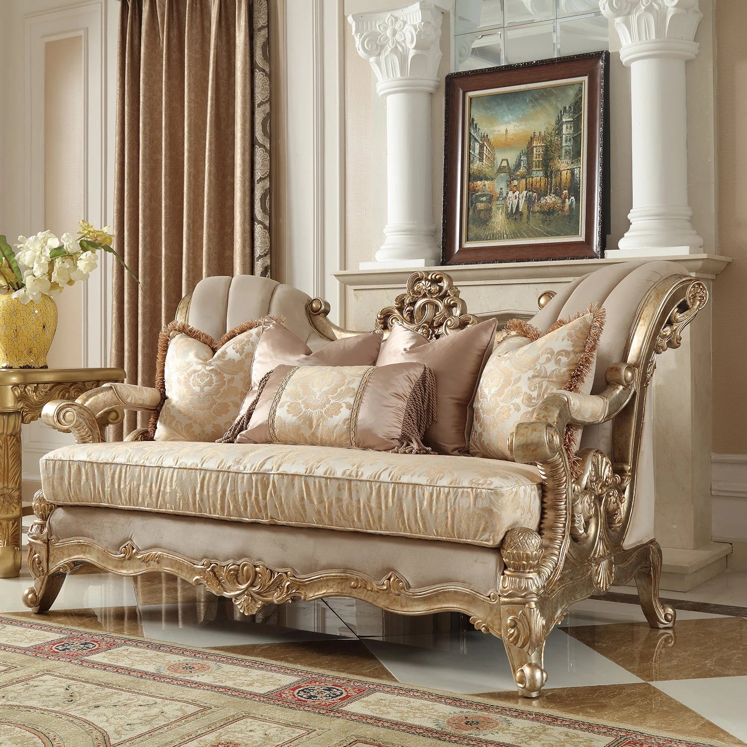 Champagne Chenille 3Pcs Sofa Set Carved Wood I122877
