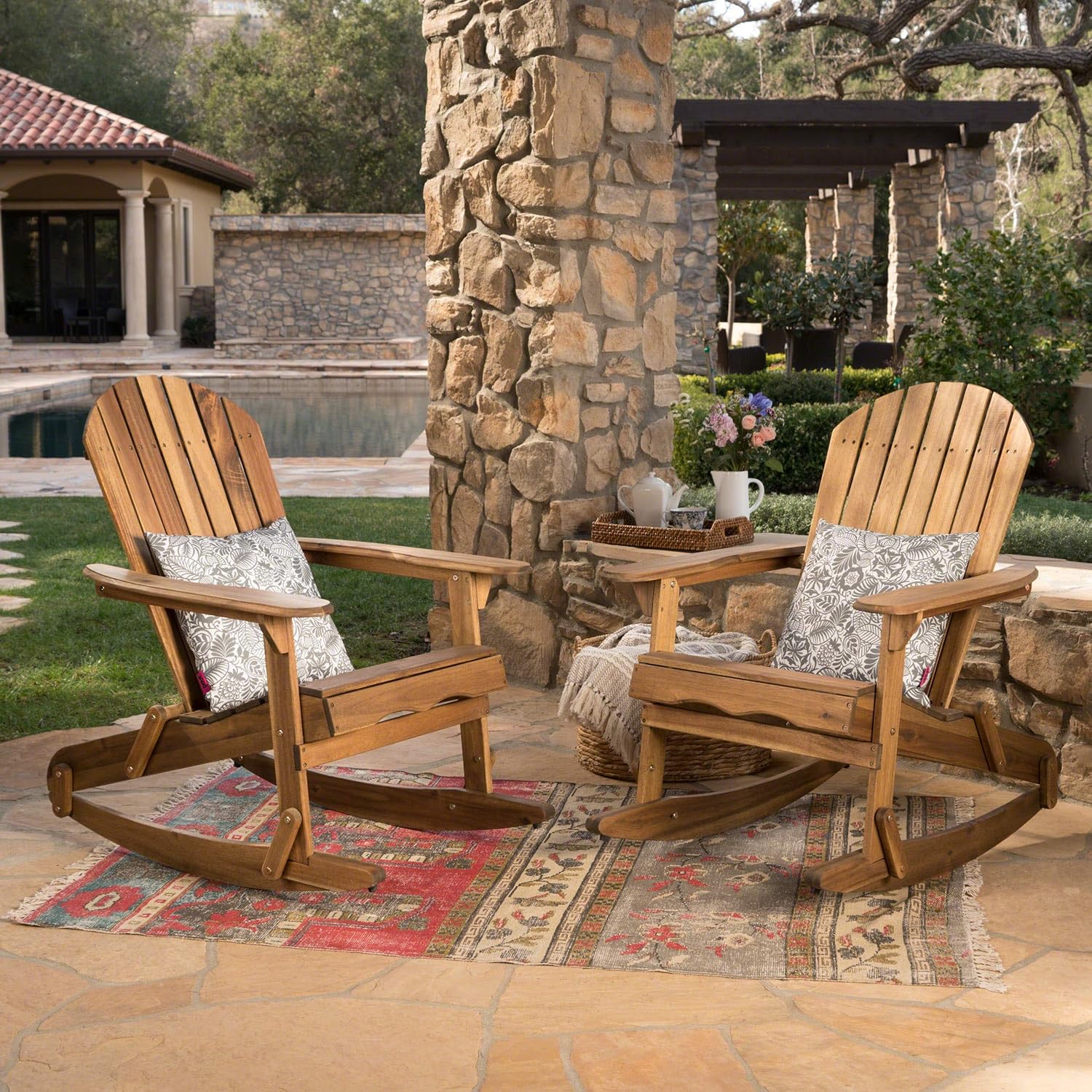 Natural Stained Acacia Wood Adirondack Rocking Chairs, 2-Pcs Set F547