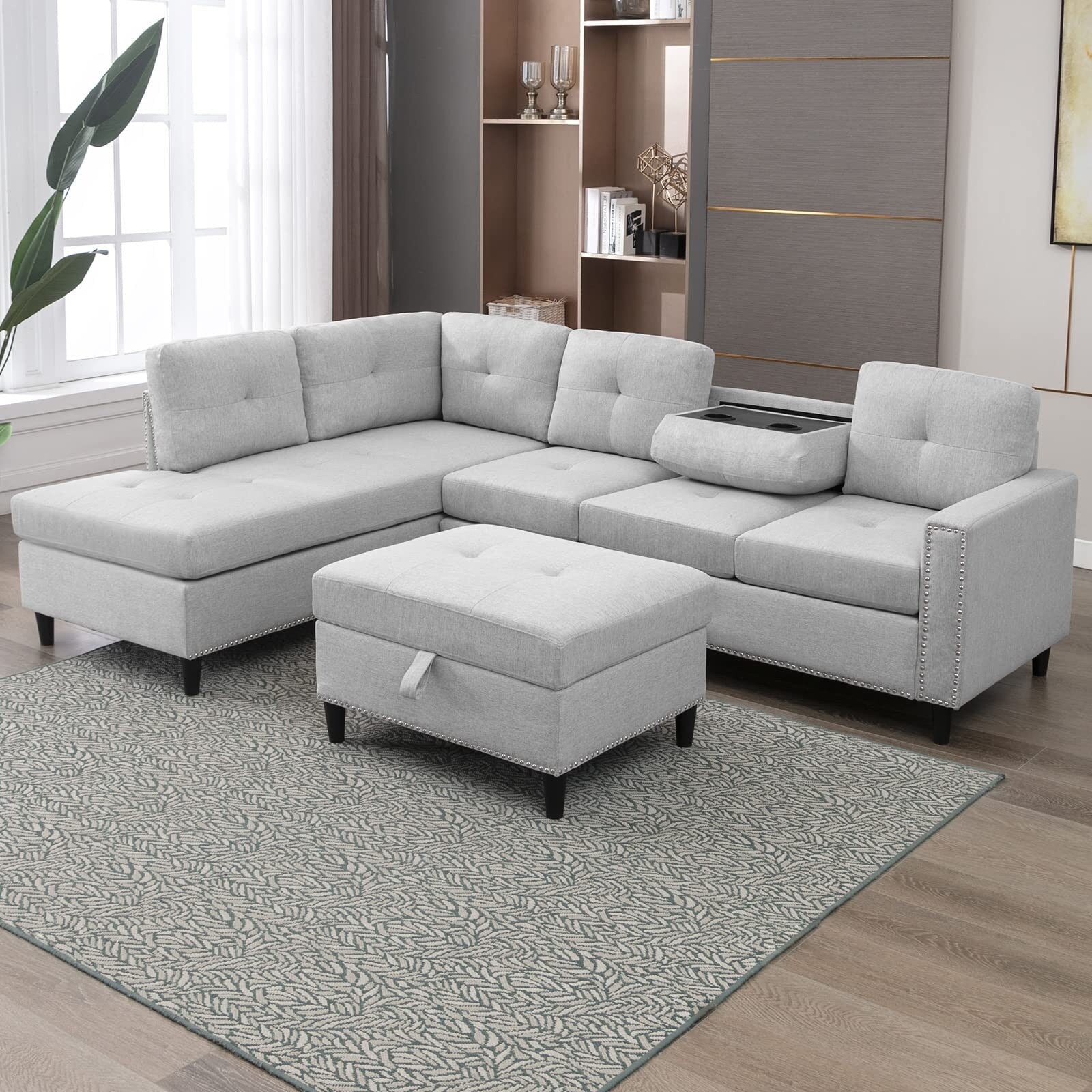 L-Shaped Sectional Sofa with 2 Cup Holders, Storage Ottoman Light Grey R664