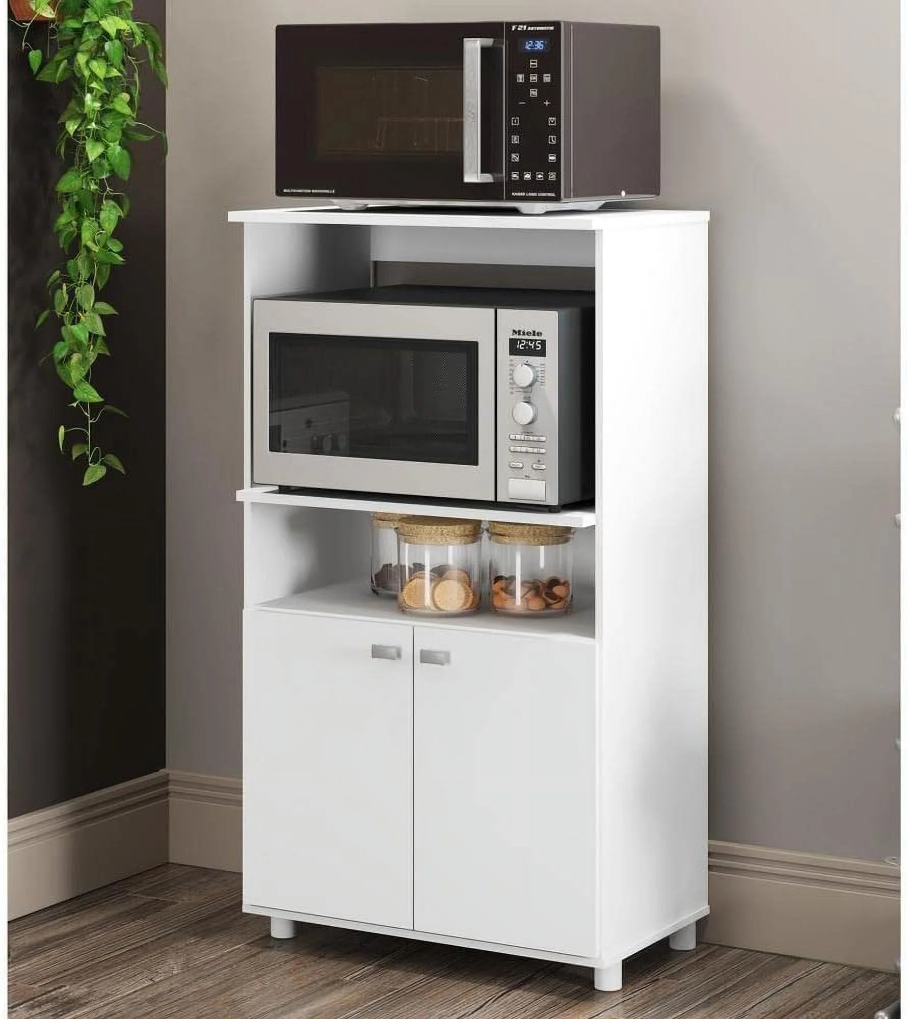 White Multipurpose Microwave Cabinet with 2 Doors and 2 Open Shelves V488