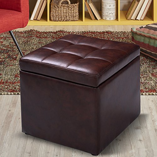 16" Storage Ottoman Cube with Hinged Lid, Flip Top Footstool, PU Leather, Black T94815