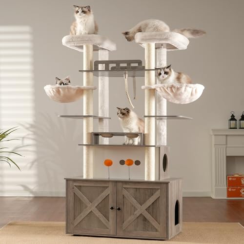 72-inch Wooden Cat Tree with Litter Box Enclosure and Scratching Post R24209