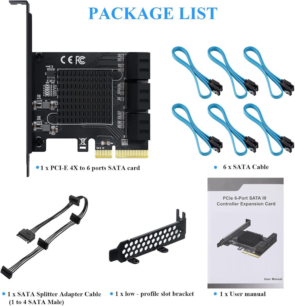 PCIe 4X SATA Card, 6 Ports with 6 SATA Cables, Low Profile Bracket, Non-Raid A957025