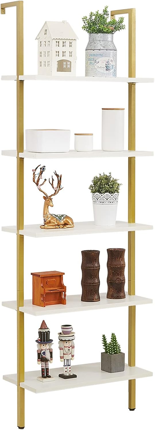 5-Tier White Gold Metal Wall-Mounted Bookshelf O3645