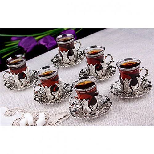 6 x Turkish Tea Glasses Set with Saucers Holders & Spoons (Silver) D133278