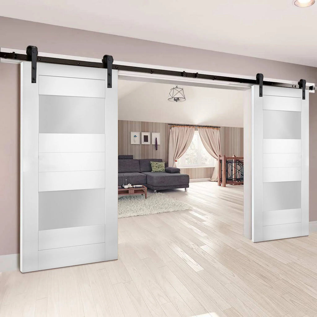 White Double Barn Door with Opaque Glass 2 Lites C822