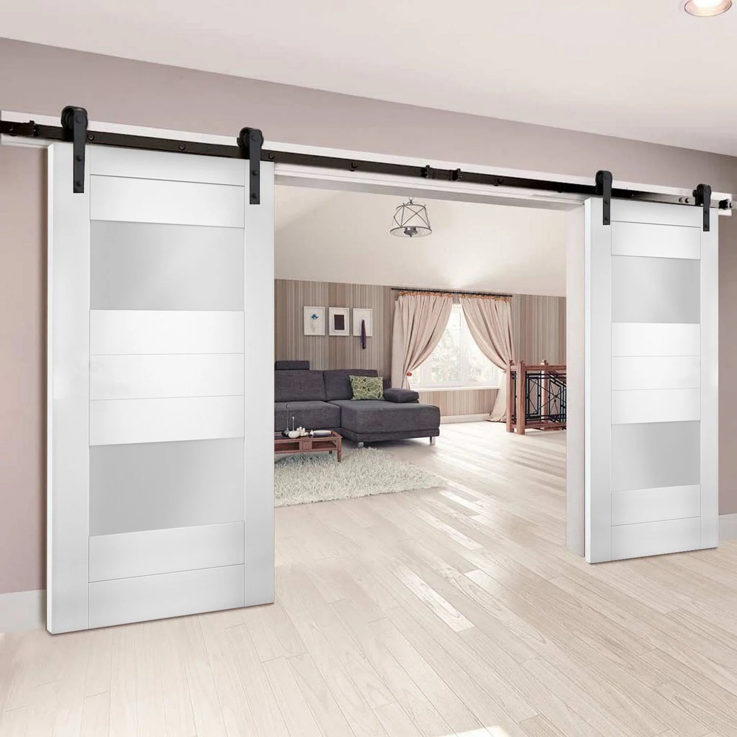 White Double Barn Door with Opaque Glass 2 Lites C822