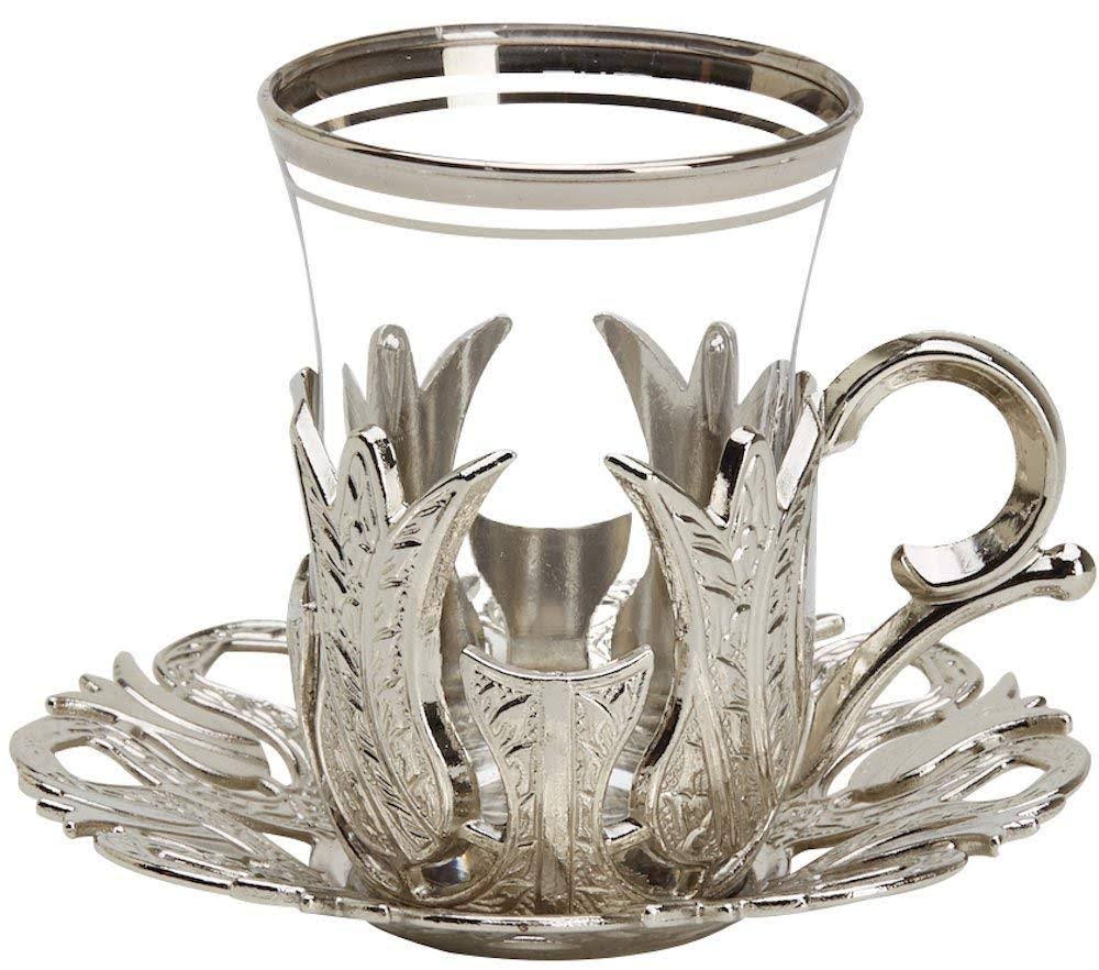 6 x Turkish Tea Glasses Set with Saucers Holders & Spoons (Silver) D133278