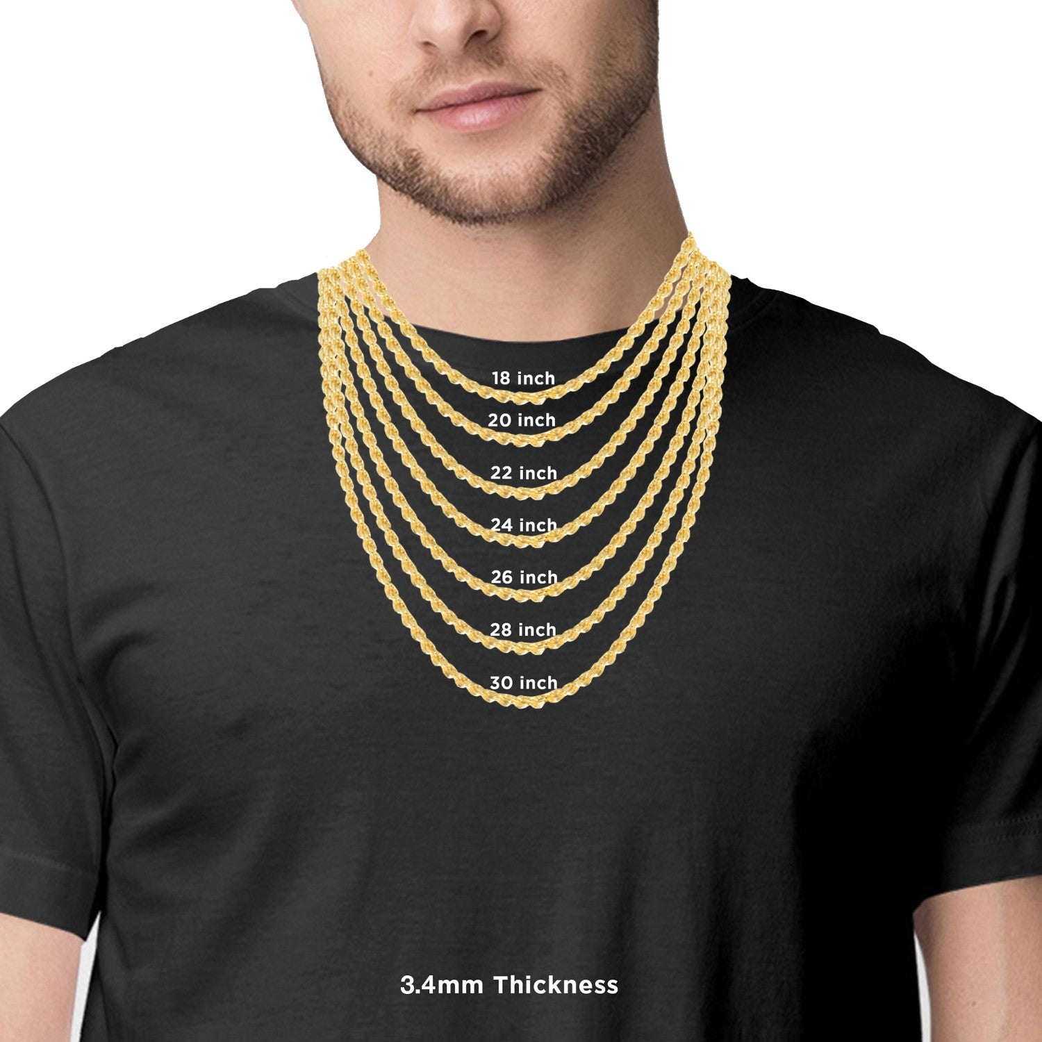 Rope Chain Necklaces and Bracelets, 3.40MM Thick, 26 Inches E8584