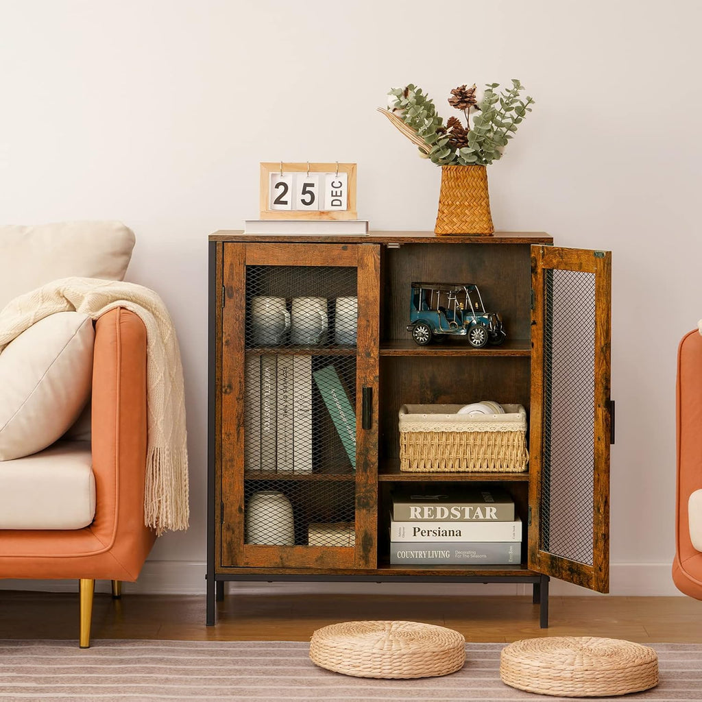 Rustic Brown 3-Tier Storage Cabinet with 2 Mesh Doors K60500