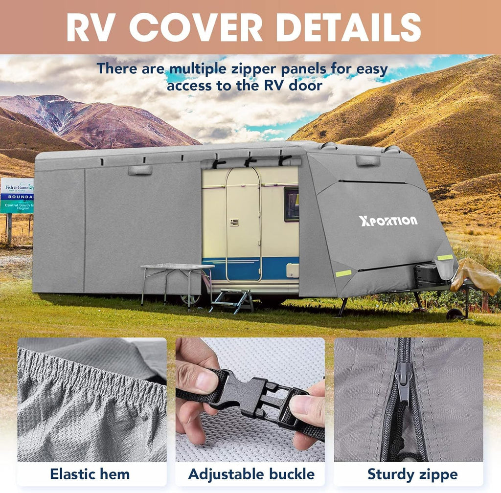 4-Layer Windproof Camper Trailer Cover with Tongue Jack Cover, Tire Covers, Gutter Covers E622588