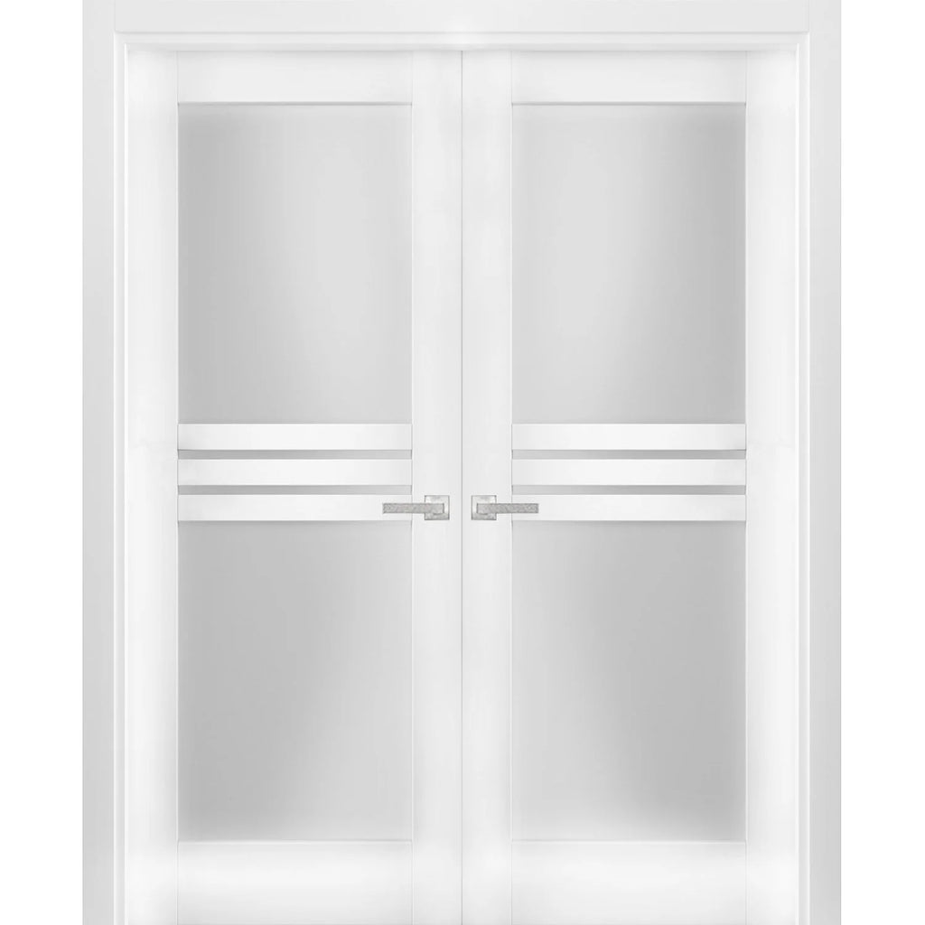 Solid French Double Doors 84 x 80 inches Opaque Glass 4 Lites Wood Solid Panel Frame G1971